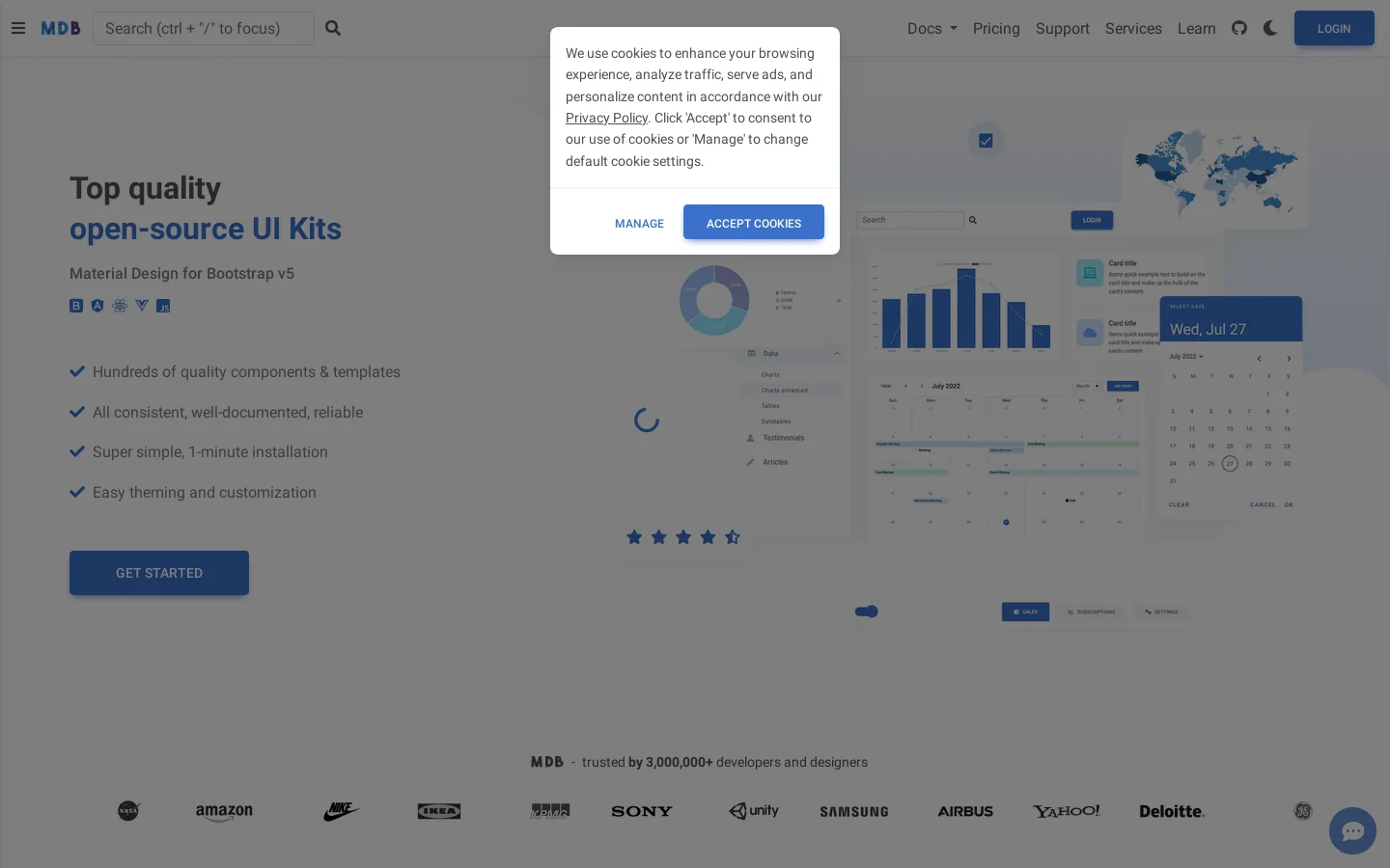 MDB - Material Design for Bootstrap 5 & 4 Homepage screenshot
