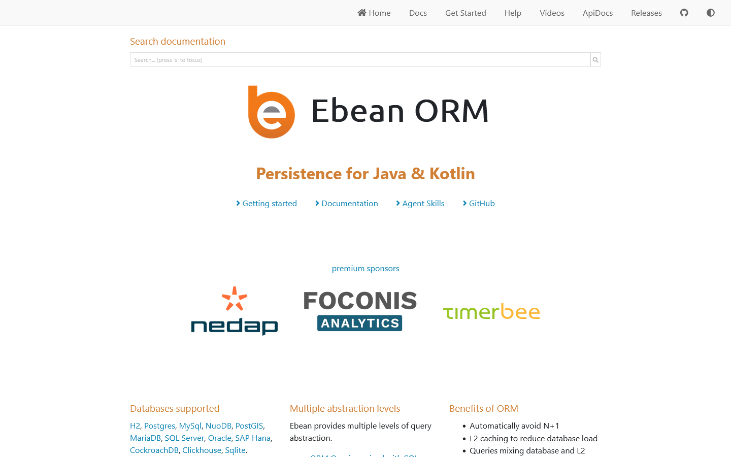 Ebean ORM for Java & Kotlin Homepage screenshot