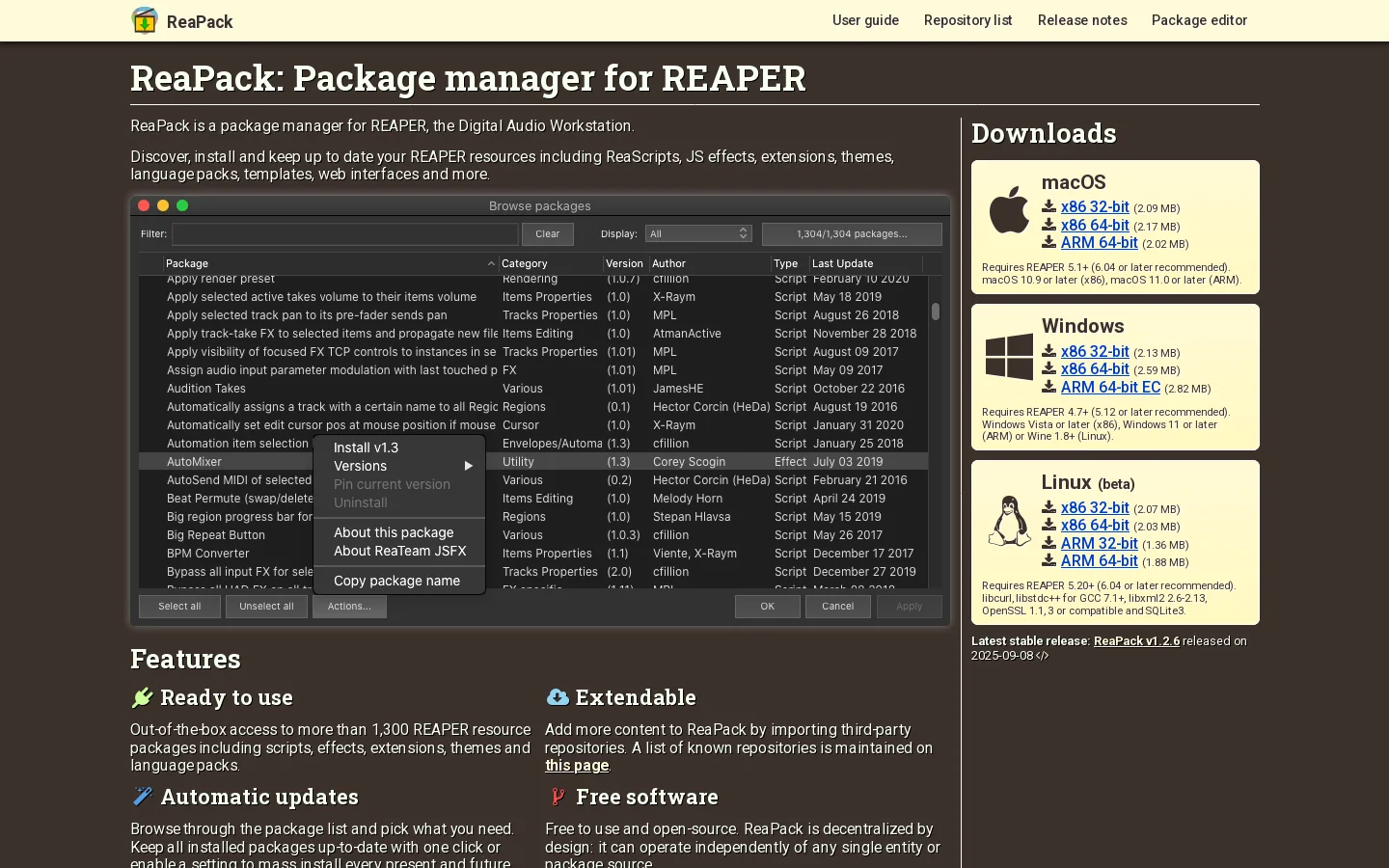 ReaPack Homepage screenshot
