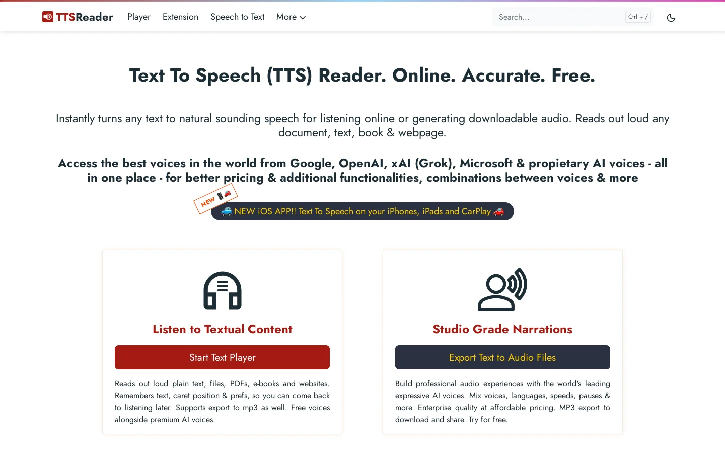 TTSReader Homepage screenshot