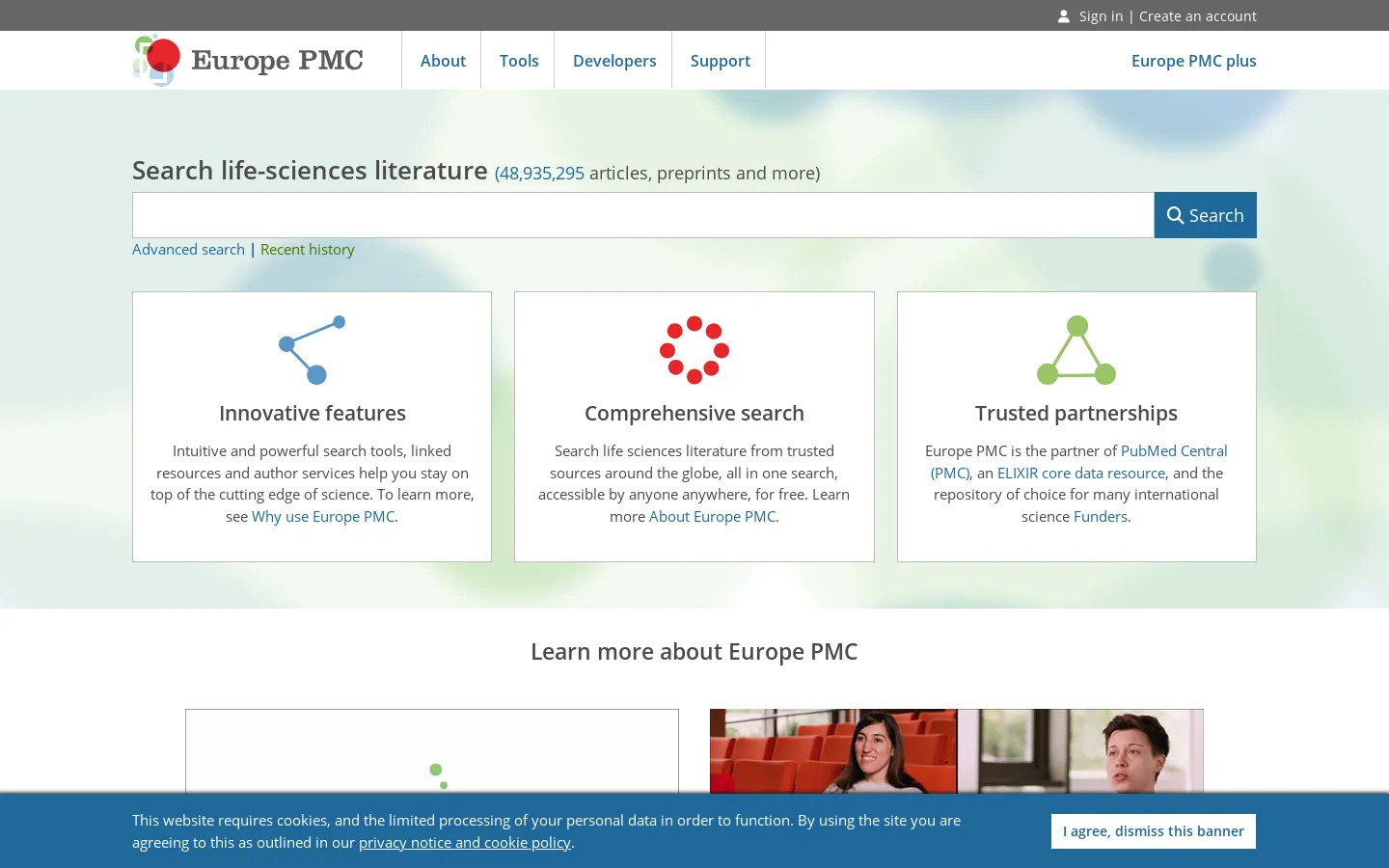 Europe PMC Homepage screenshot