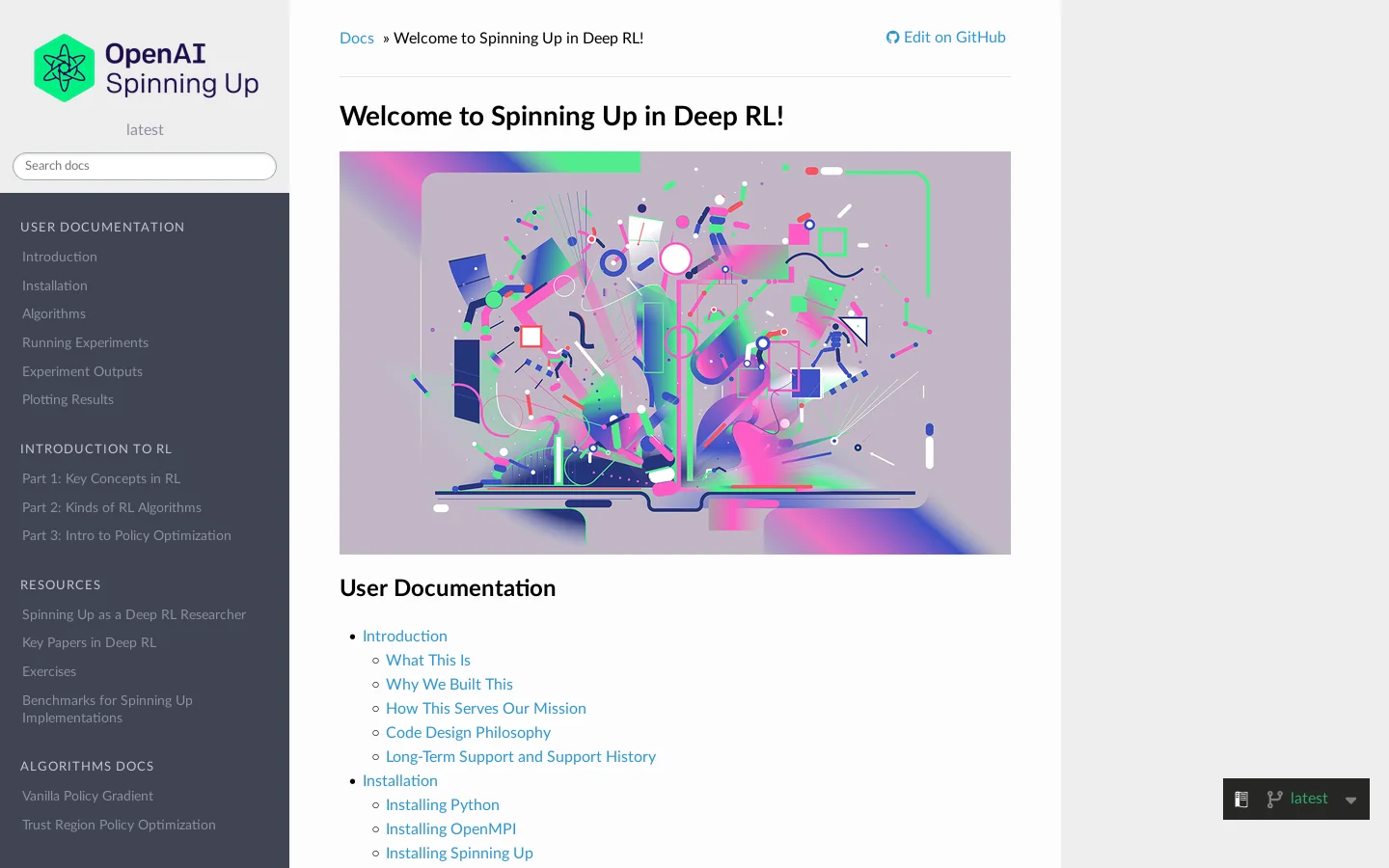Spinning Up documentation Homepage screenshot