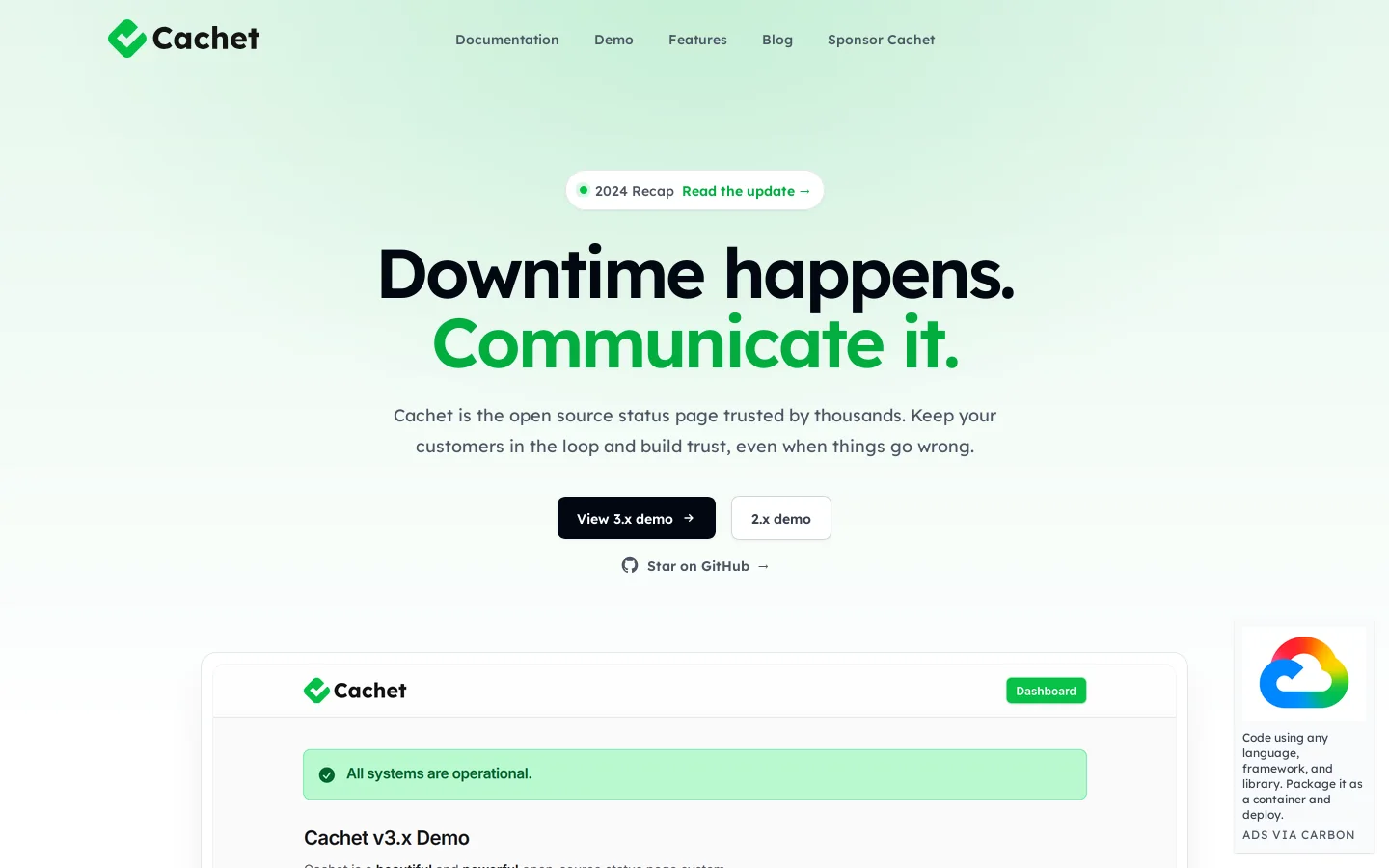The open source status page system - Cachet Website Homepage screenshot