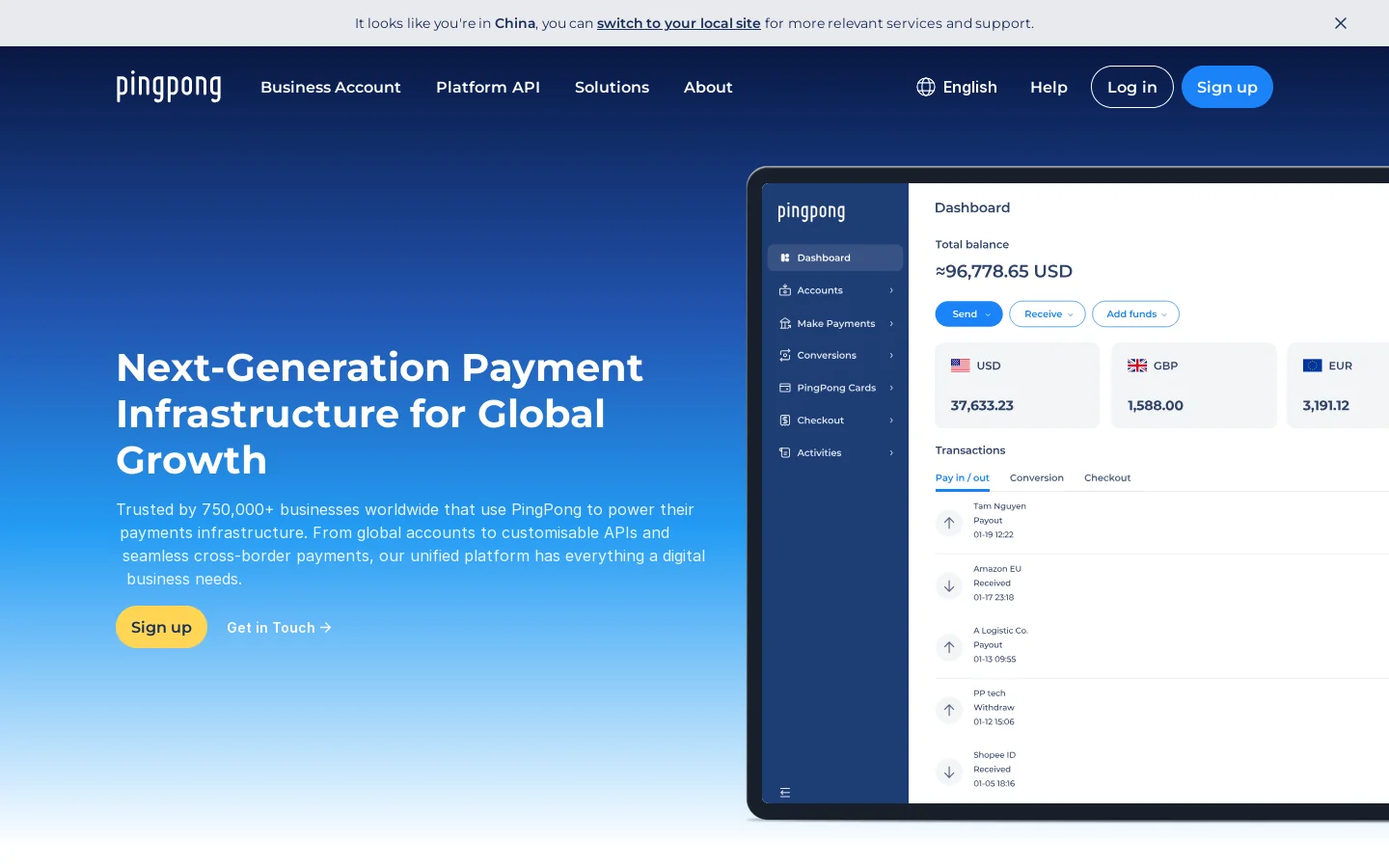 PingPong Global Homepage screenshot