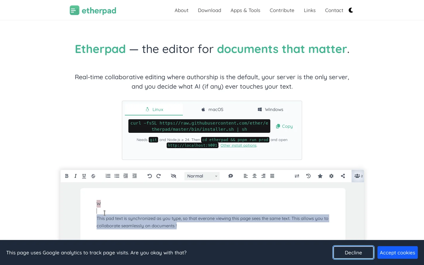 Etherpad Homepage screenshot