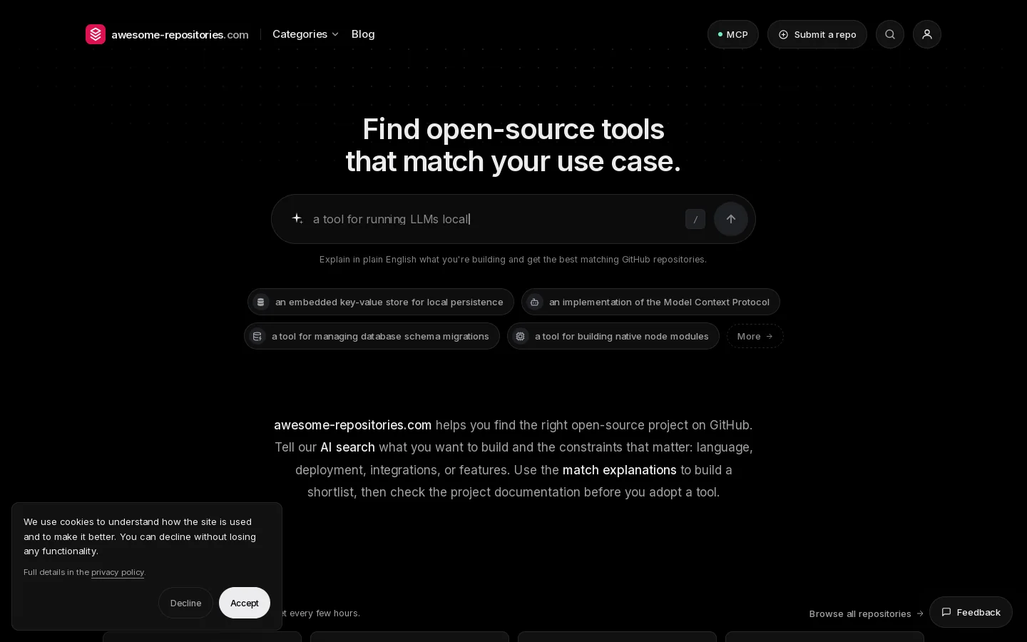 Find Open Source with AI · Awesome GitHub Repositories Homepage screenshot