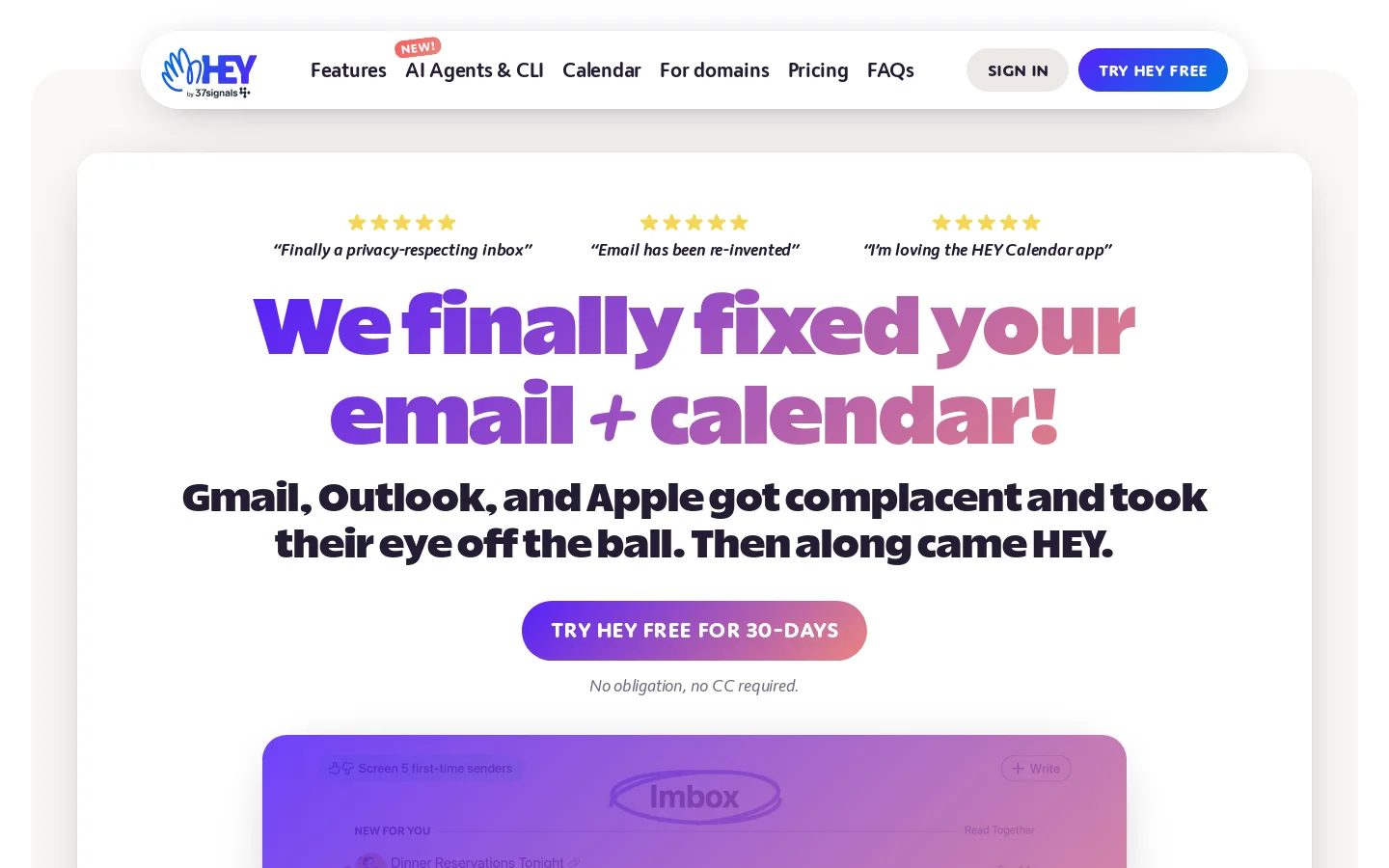 HEY Homepage screenshot