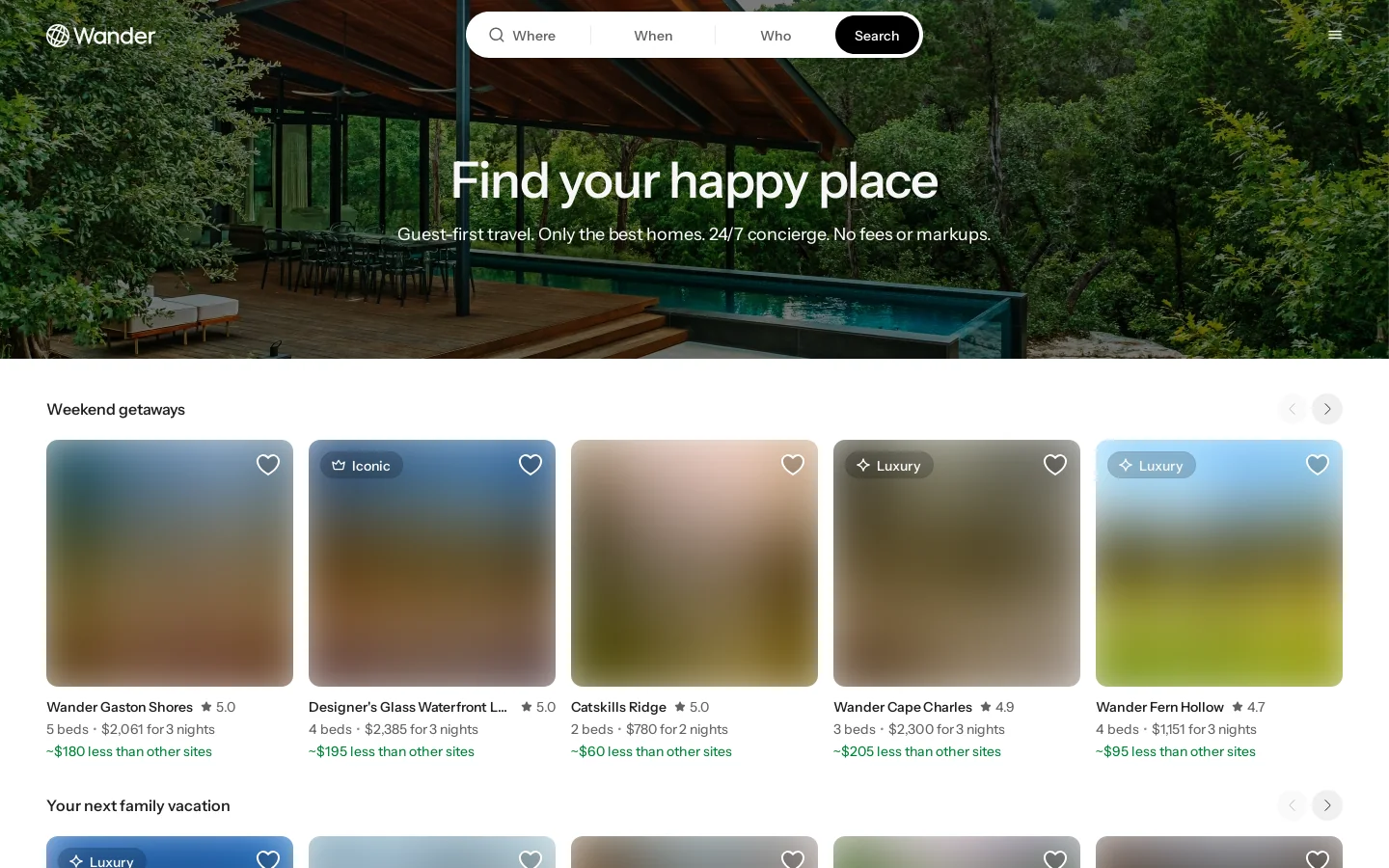 Luxury Vacation Rentals and Vacation Homes by Wander Homepage screenshot