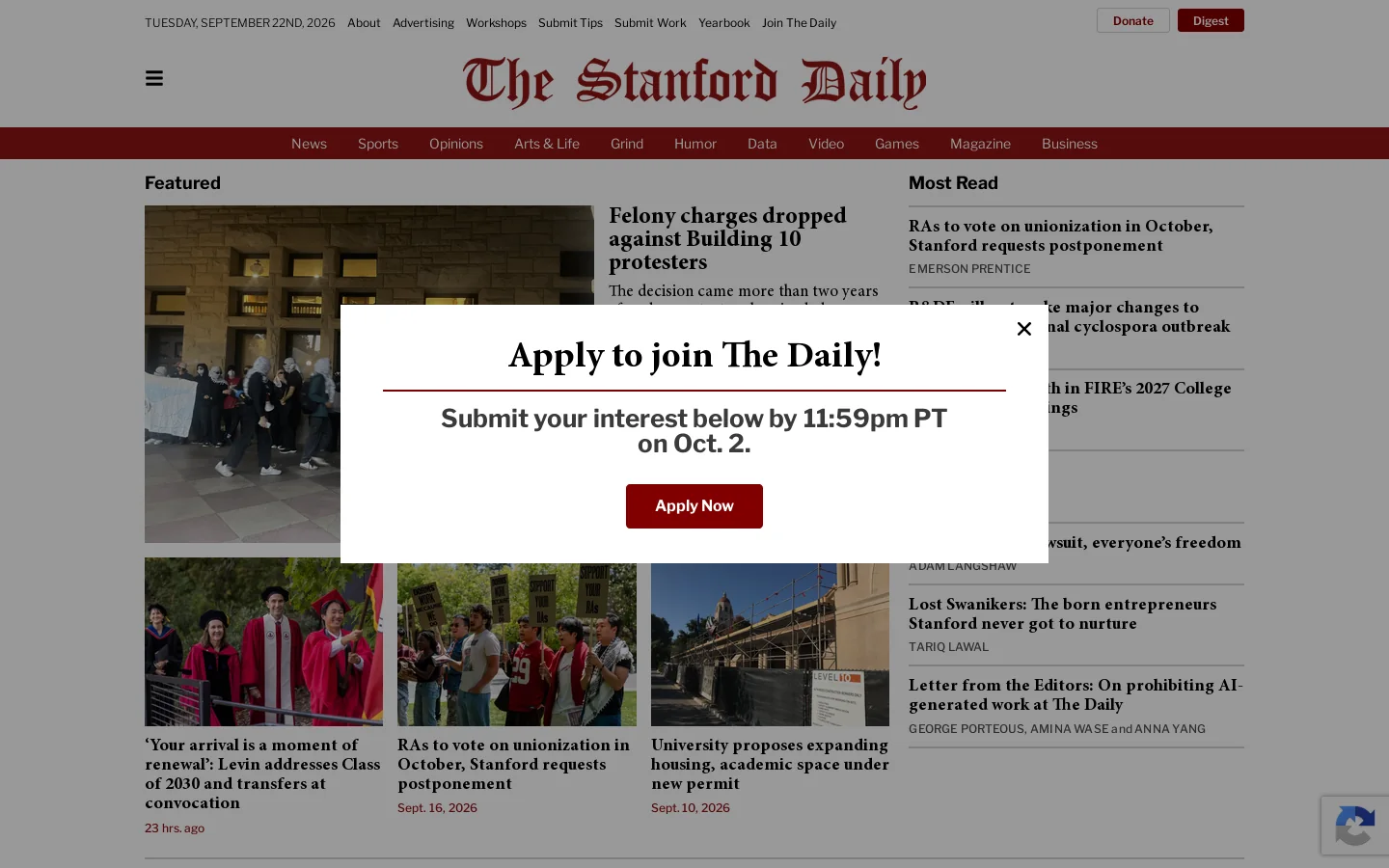 The Stanford Daily | Breaking news from the Farm since 1892 Homepage screenshot