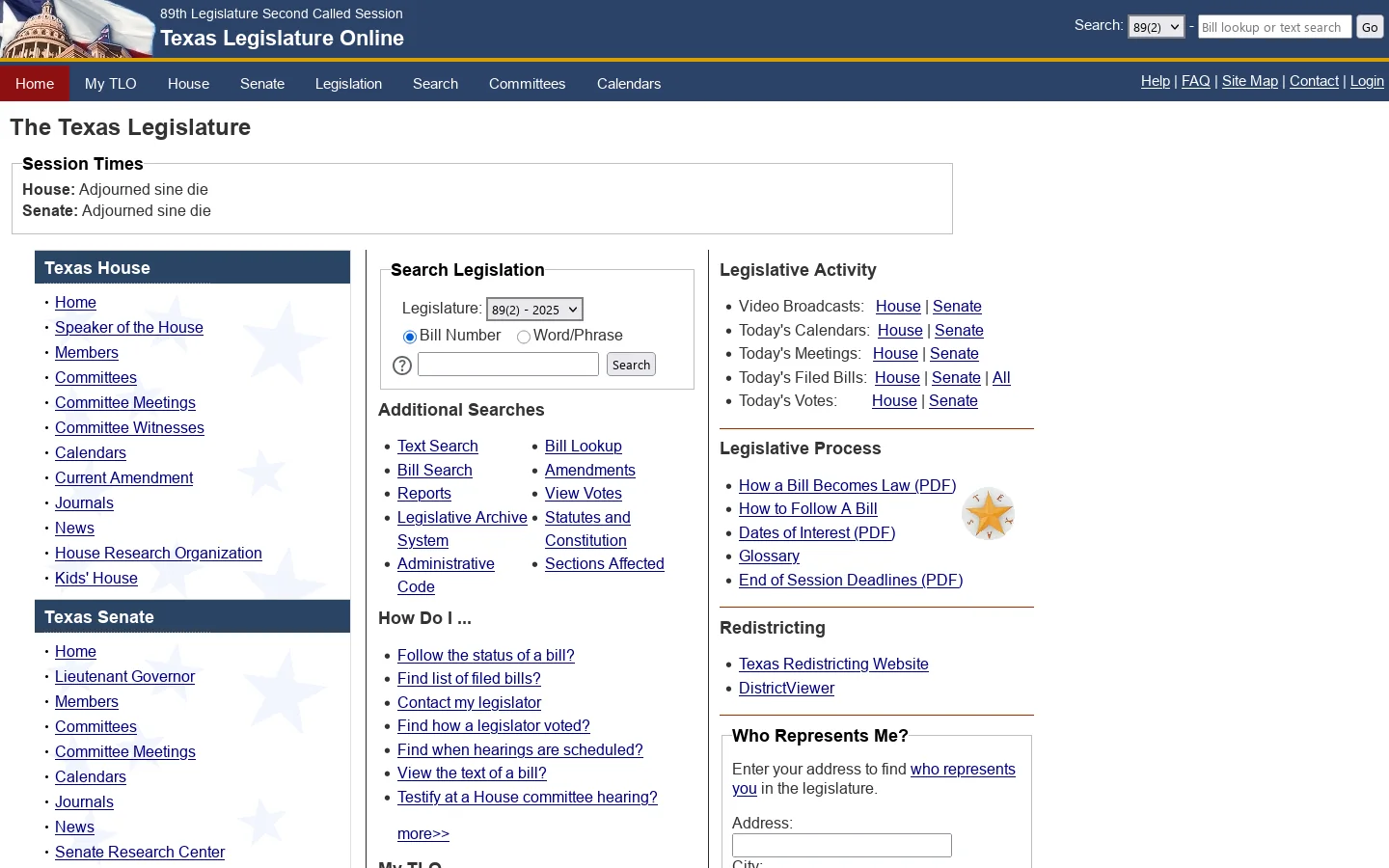 Texas Legislature Online Homepage screenshot
