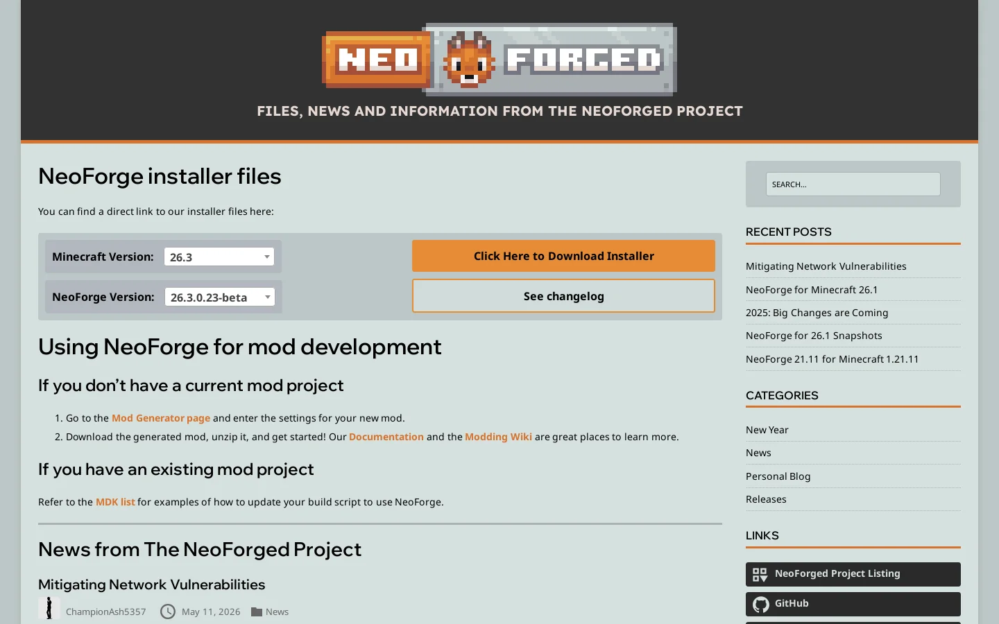 The NeoForged project Homepage screenshot