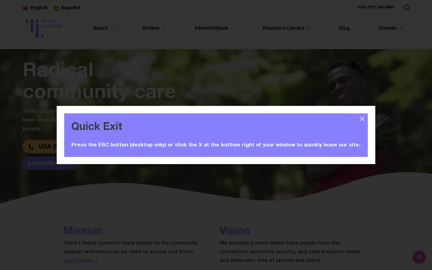 Trans Lifeline Homepage screenshot