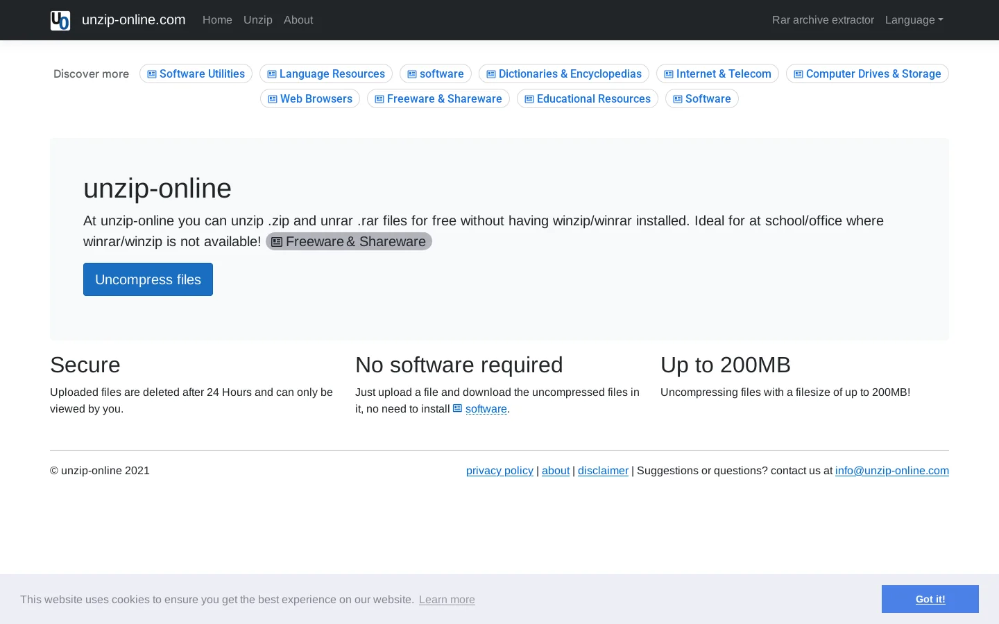 unzip-online Homepage screenshot