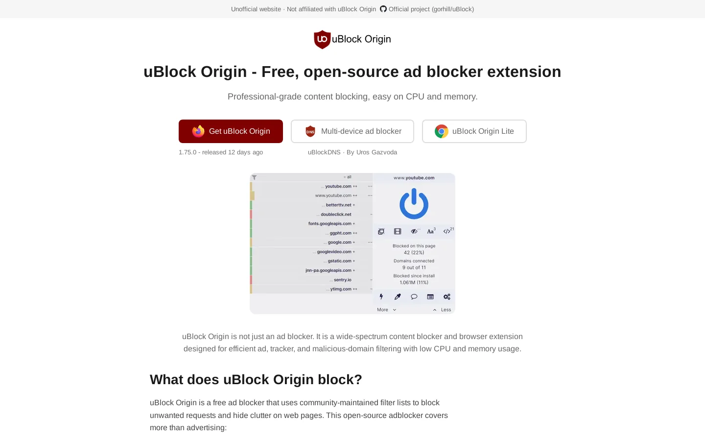 uBlock Origin Homepage screenshot