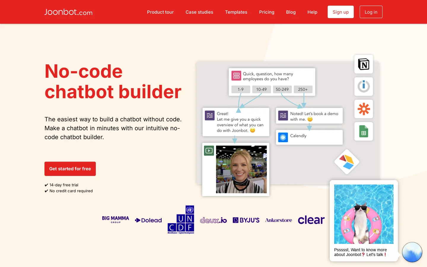 No-code chatbot builder that boosts sales and lead generation Homepage screenshot