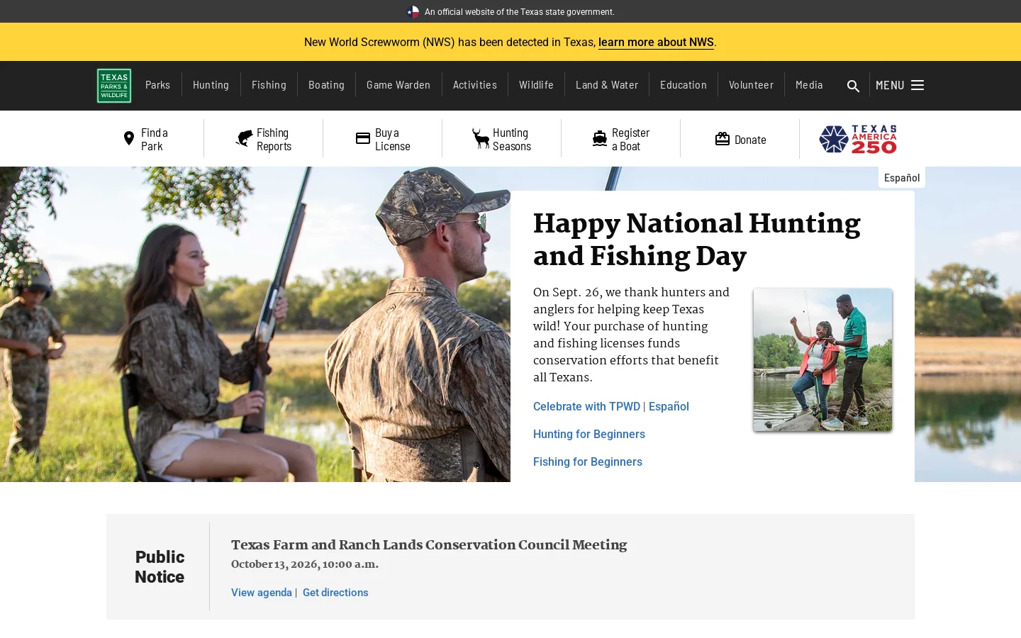 Texas Parks & Wildlife Department Homepage screenshot