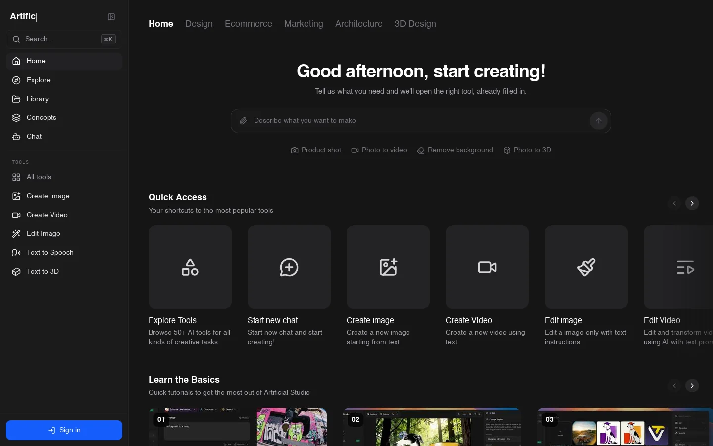 AI-Powered Creative Tools | Artificial Studio Homepage screenshot