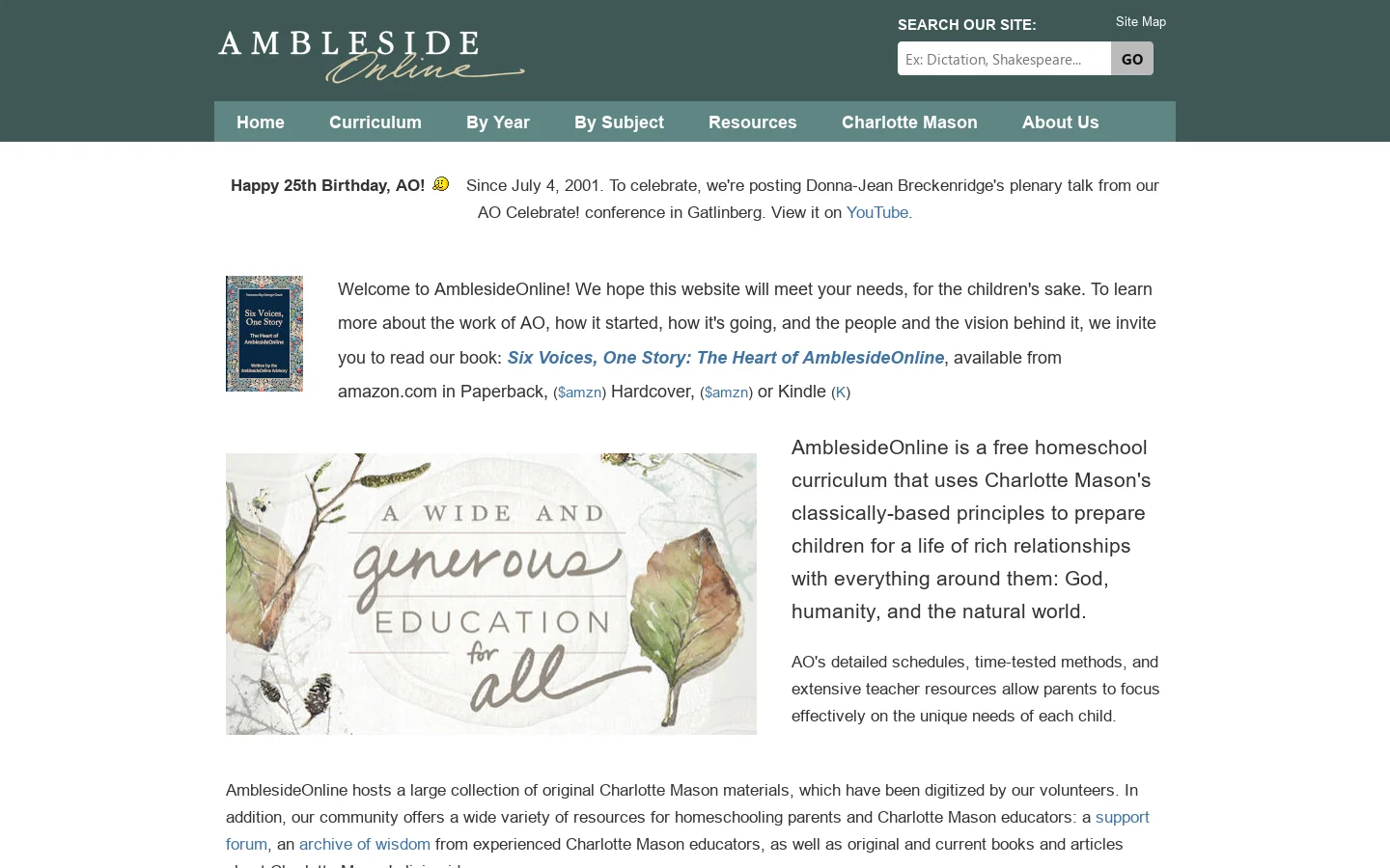 AmblesideOnline Homepage screenshot