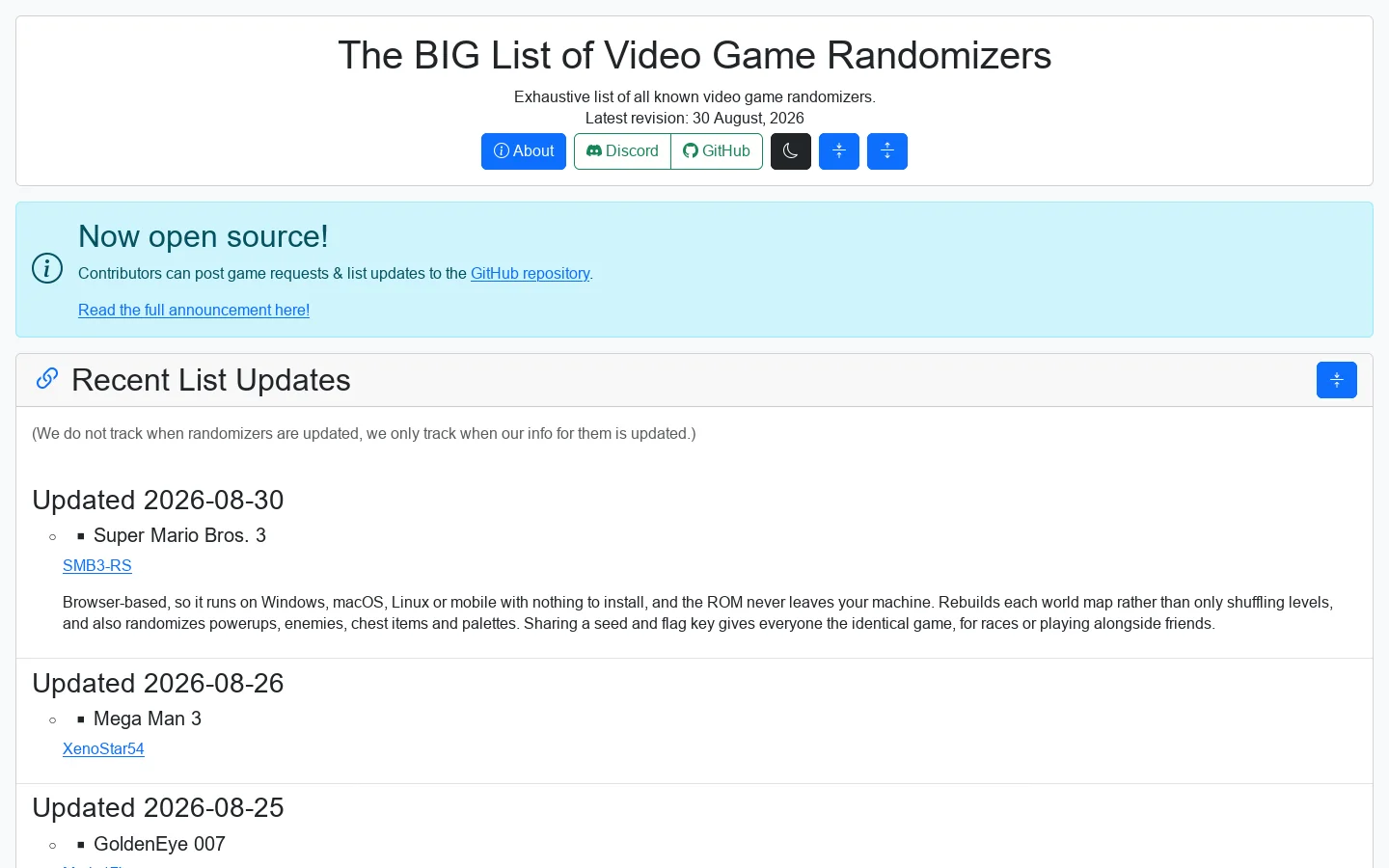 The BIG List of Video Game Randomizers Homepage screenshot