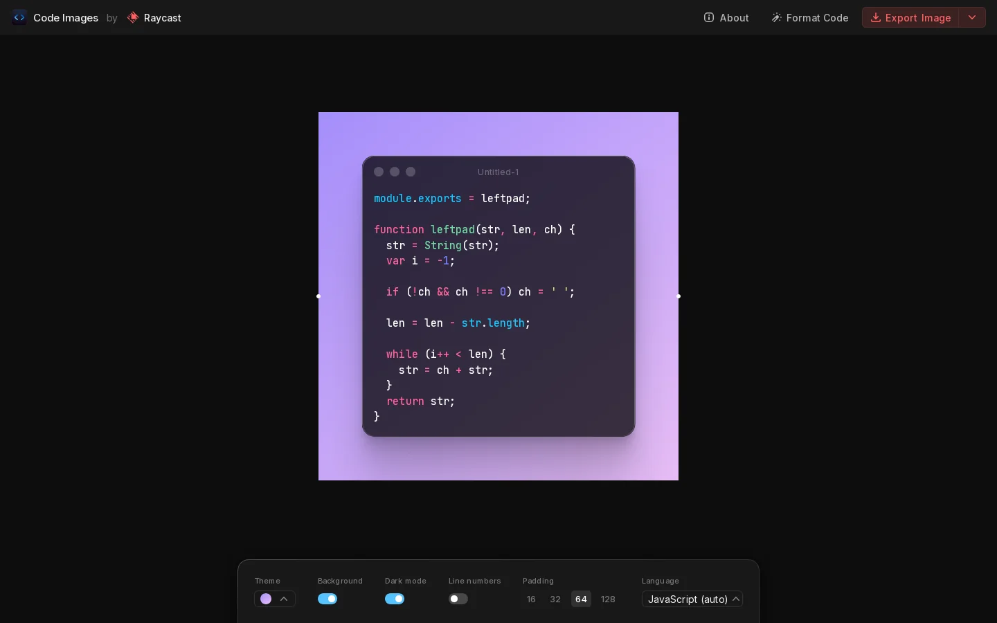 Create beautiful images of your code Homepage screenshot
