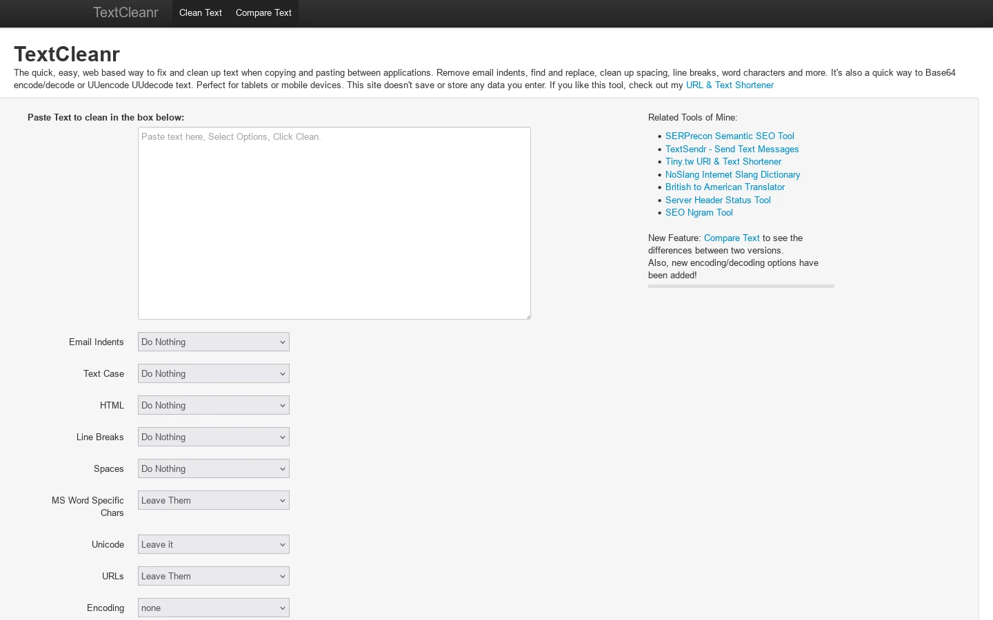 TextCleanr Homepage screenshot