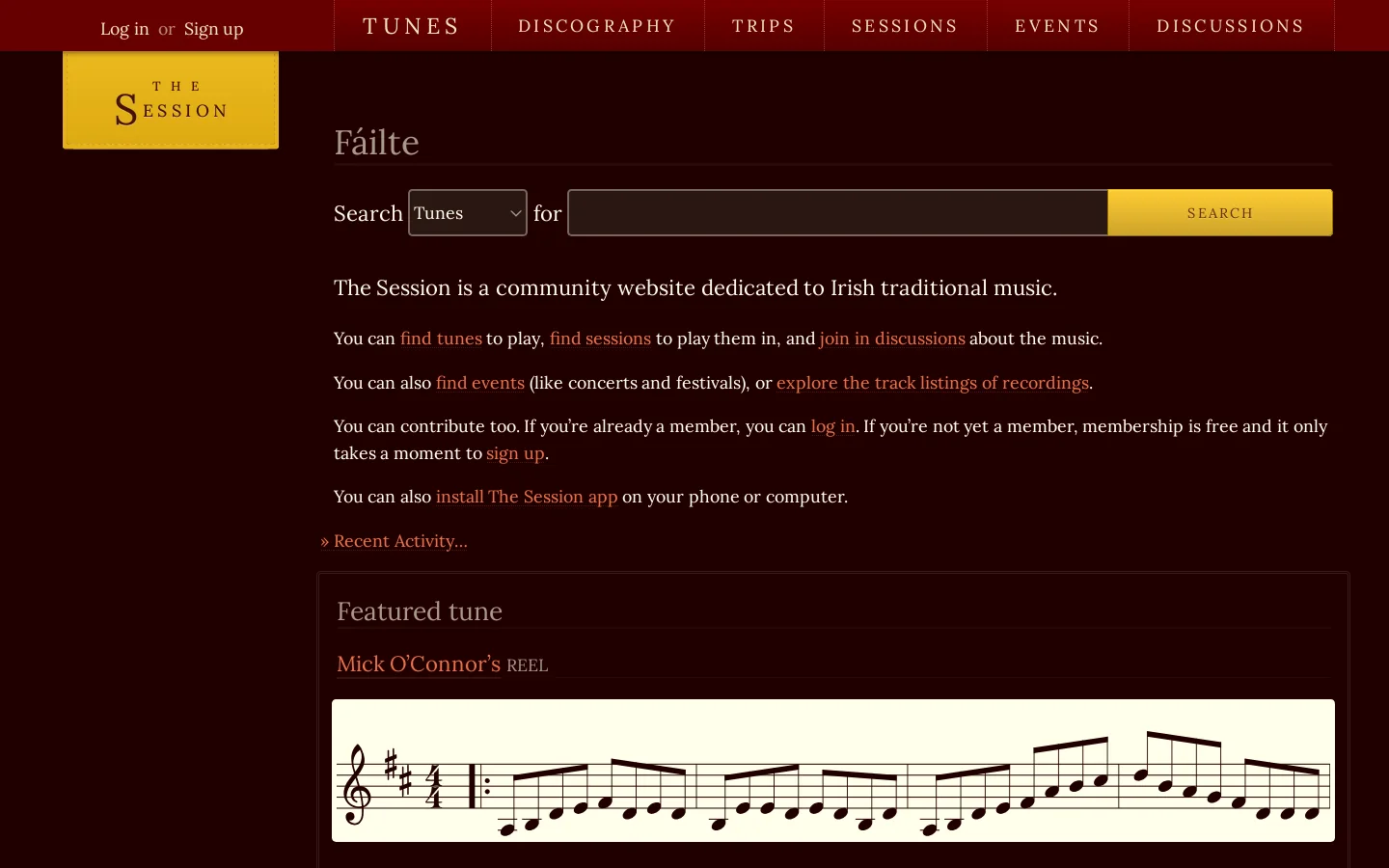 Traditional Irish music on The Session Homepage screenshot