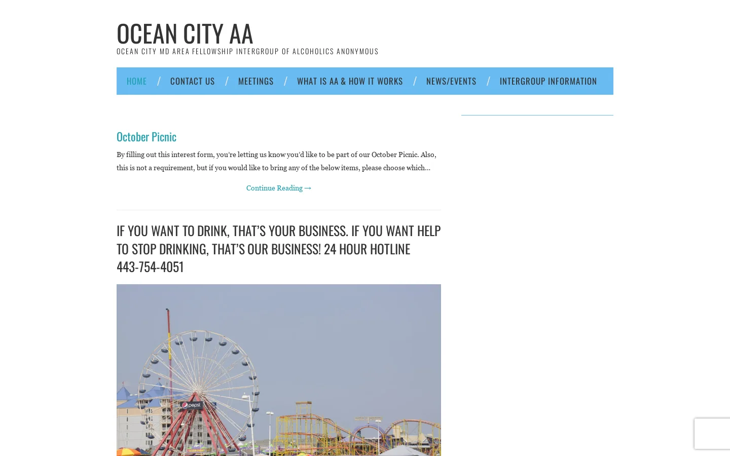 If you want to drink, that's your business. If you want help to stop drinking, that's OUR business! 24 hour hotline 443-754-4051 - Ocean City AA Homepage screenshot
