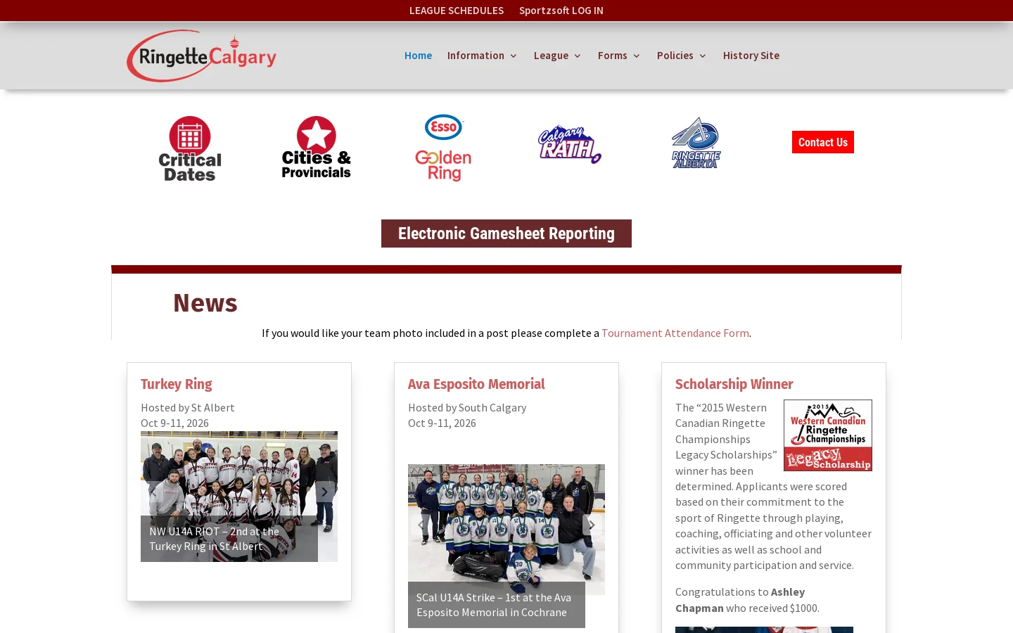 Ringette Calgary Association Homepage screenshot