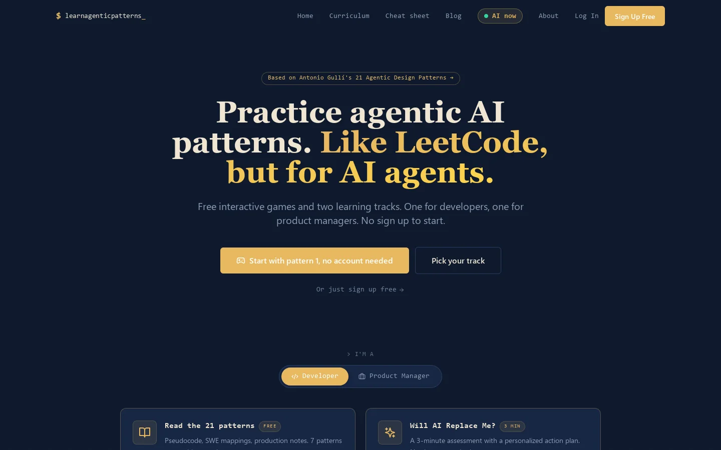 21 Free Agentic AI Design Patterns for Developers (2026) Homepage screenshot