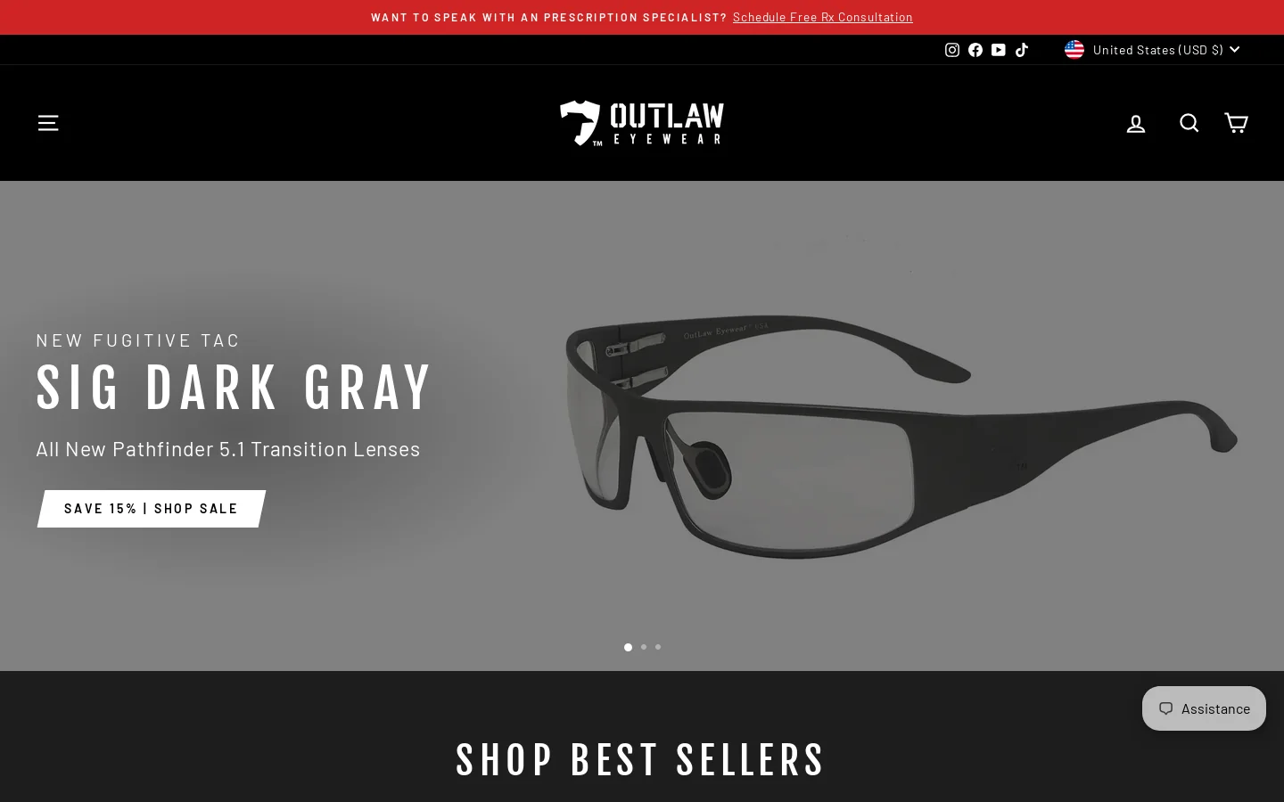 OutLaw Eyewear Homepage screenshot