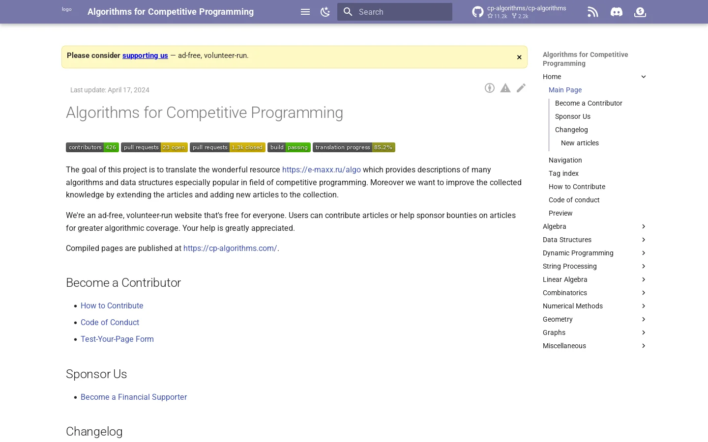 Main Page - Algorithms for Competitive Programming Homepage screenshot
