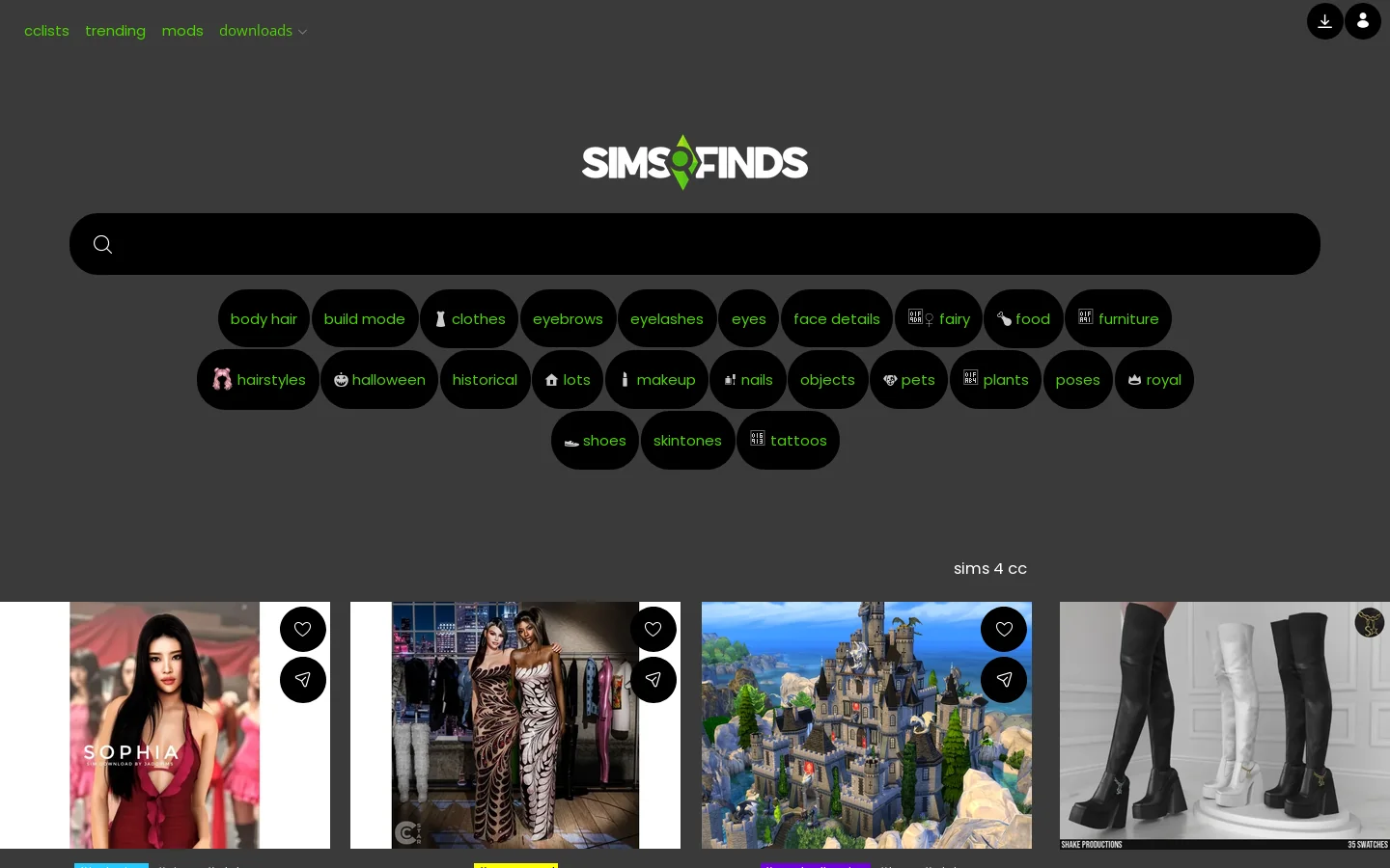 SimsFinds Homepage screenshot
