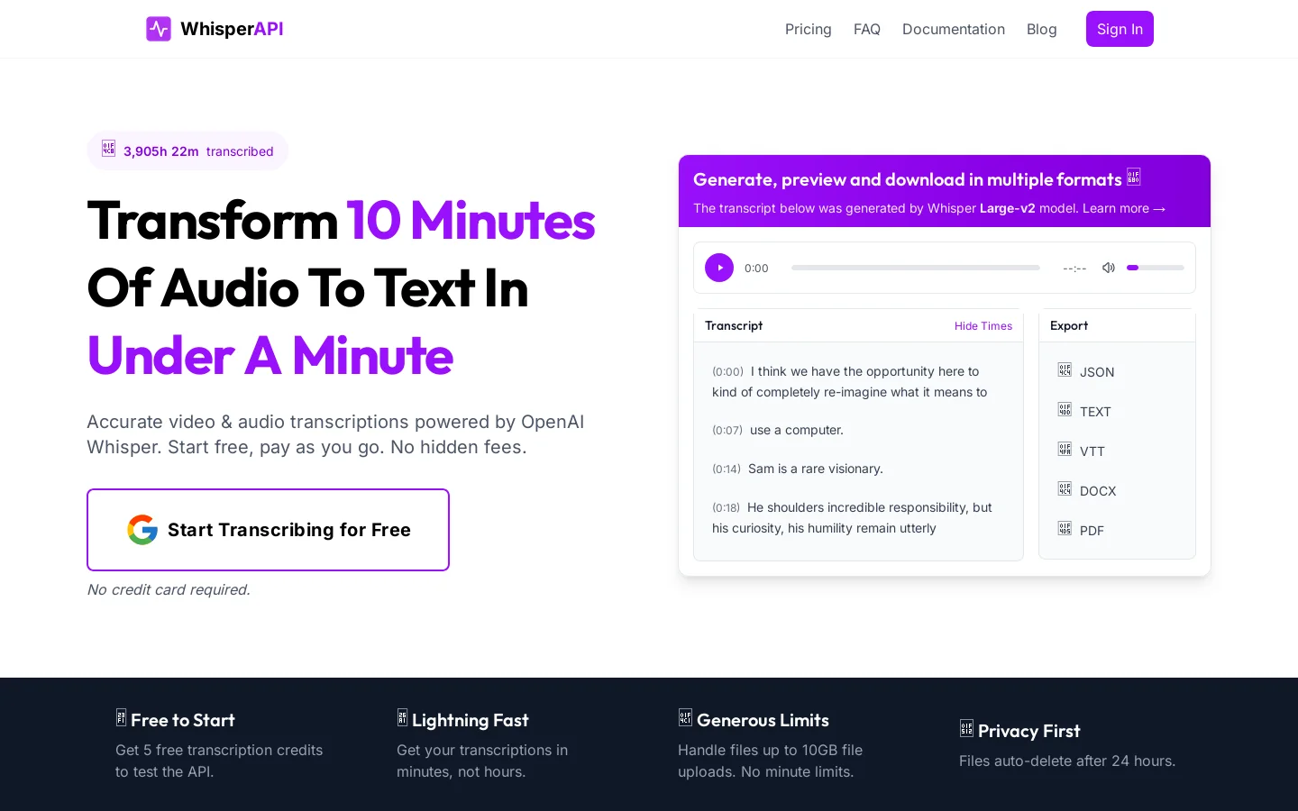 WhisperAPI Homepage screenshot
