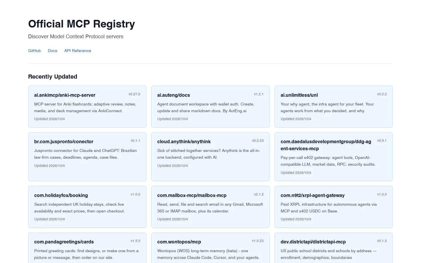 Official MCP Registry Homepage screenshot