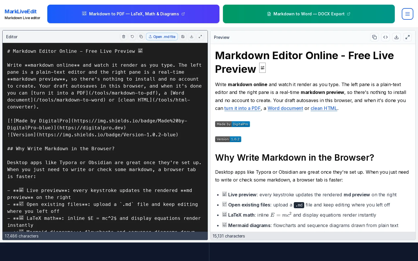 Markdown Editor Online – Free, Live Preview, Export PDF & Word Homepage screenshot