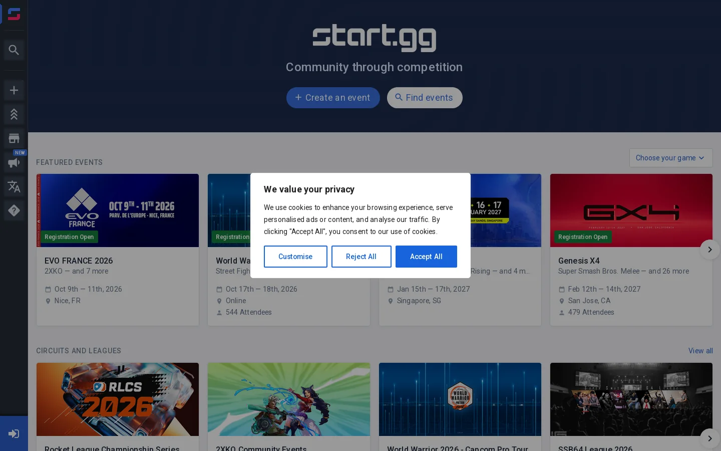 start.gg Homepage screenshot