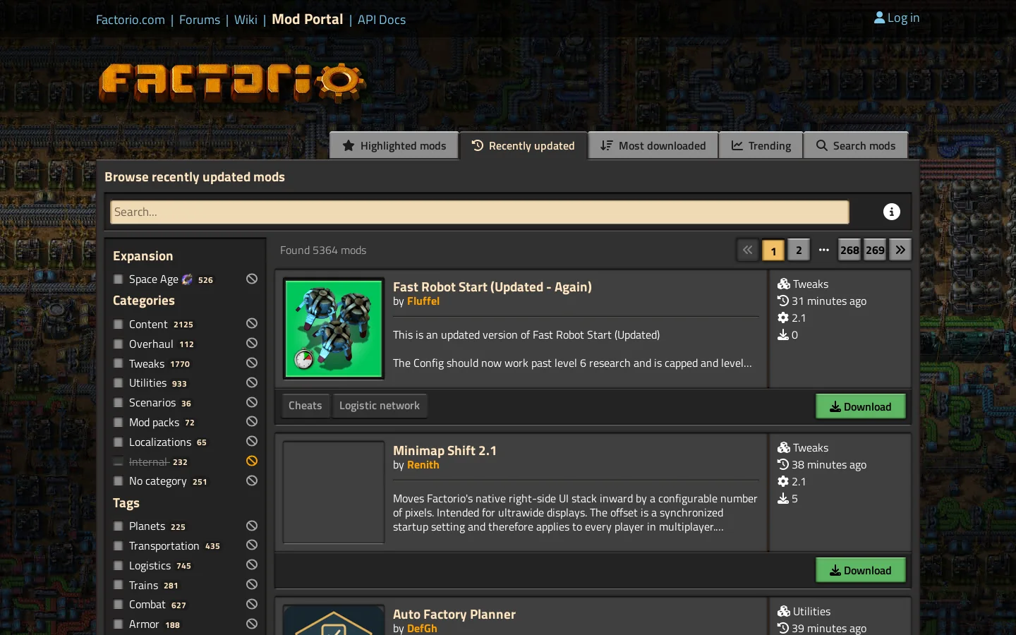 Recently updated | Factorio Mods Homepage screenshot