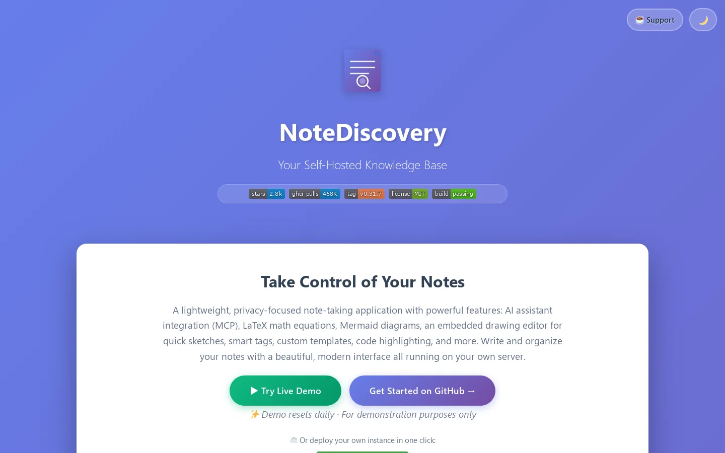 NoteDiscovery Homepage screenshot