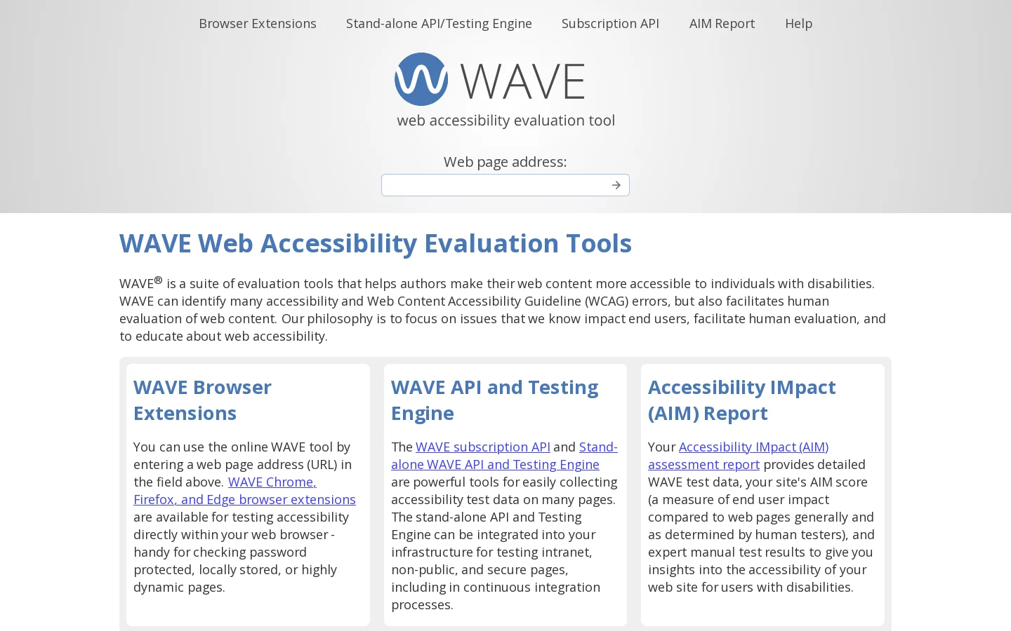 WAVE Web Accessibility Evaluation Tools Homepage screenshot