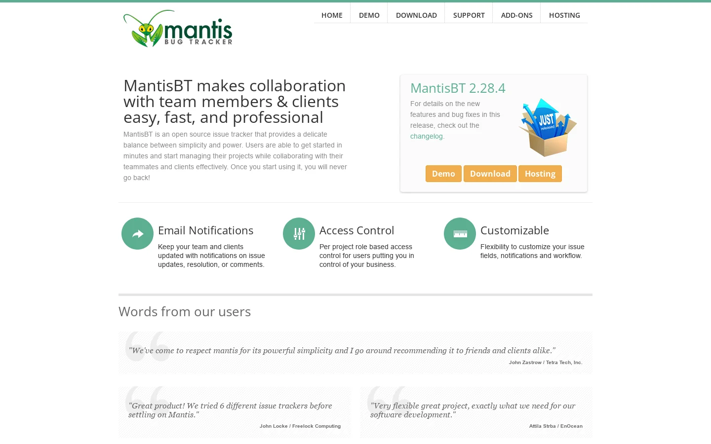 Mantis Bug Tracker Homepage screenshot