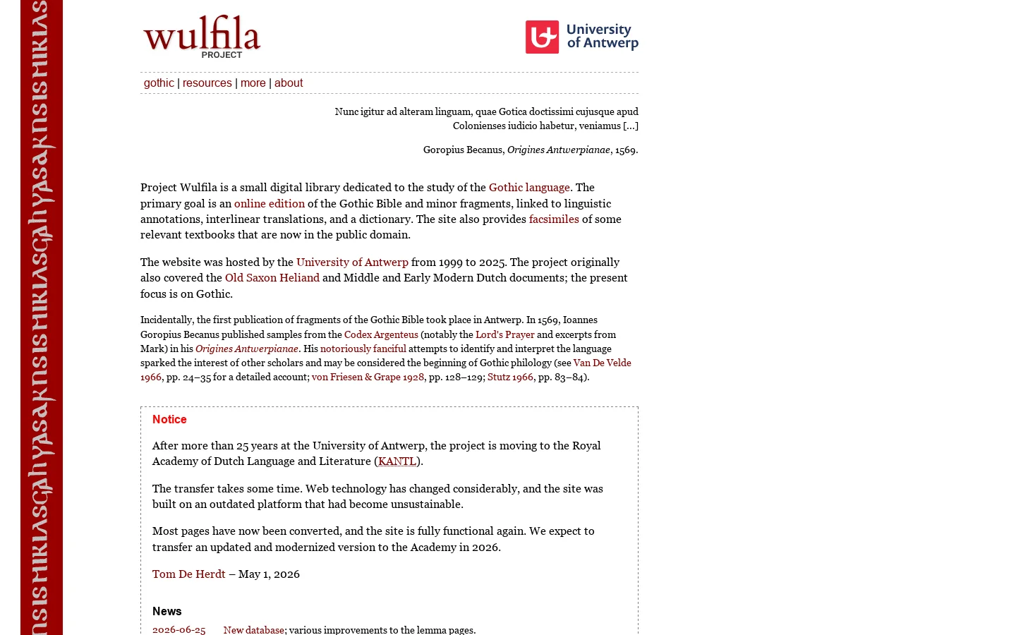 Wulfila project Homepage screenshot
