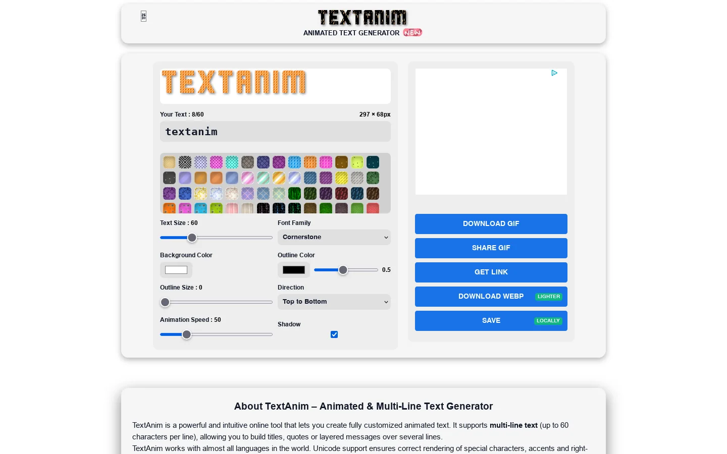 Textanim Homepage screenshot