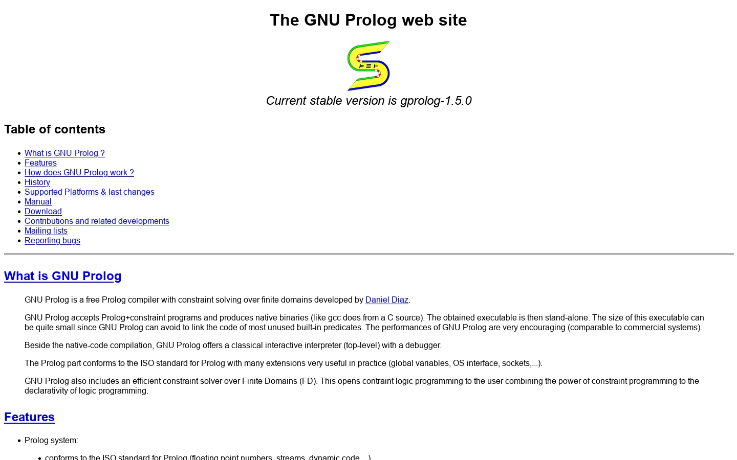 The GNU Prolog web site Homepage screenshot