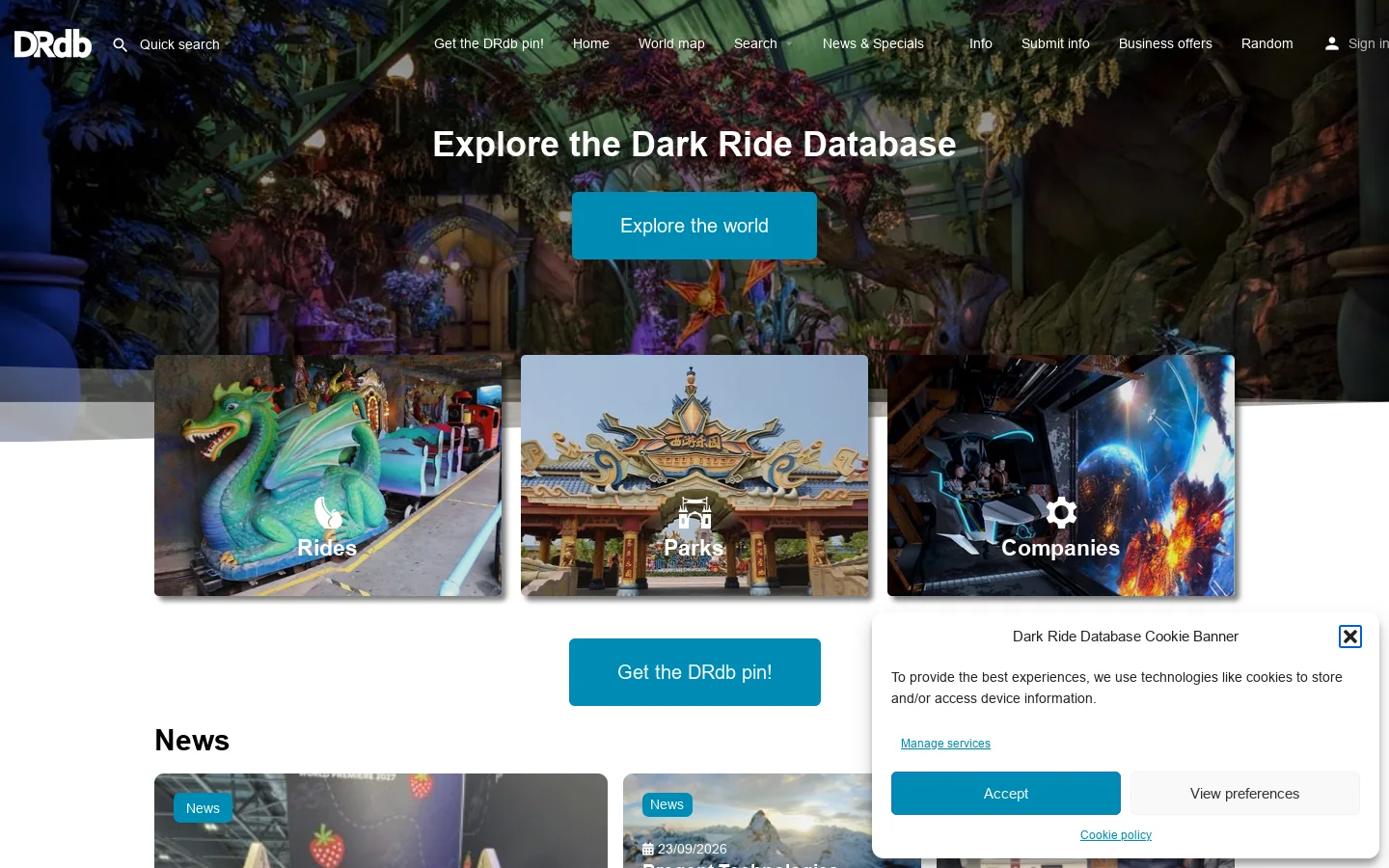 Dark Ride Database Homepage screenshot