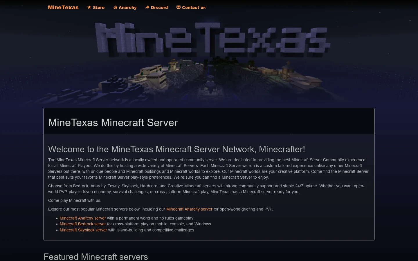 MineTexas Minecraft Server Network Homepage screenshot