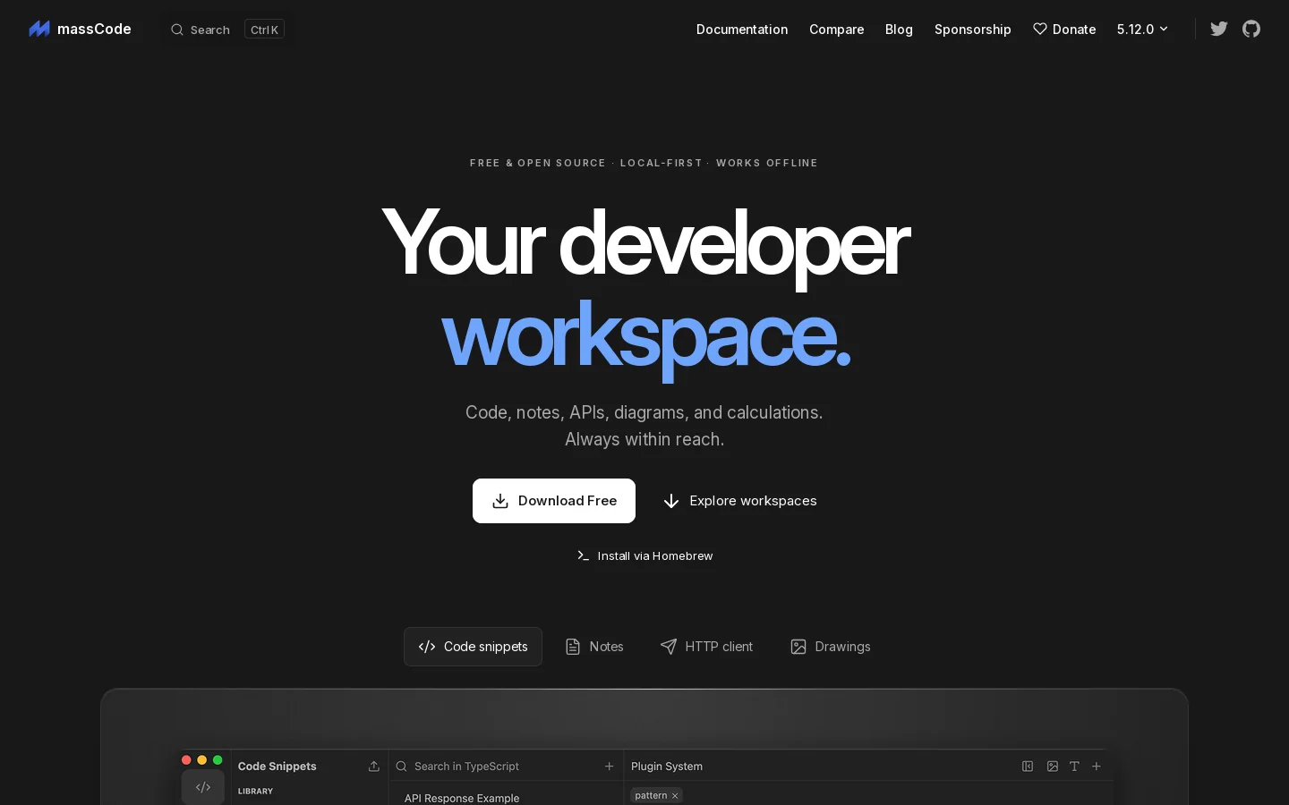 massCode Homepage screenshot
