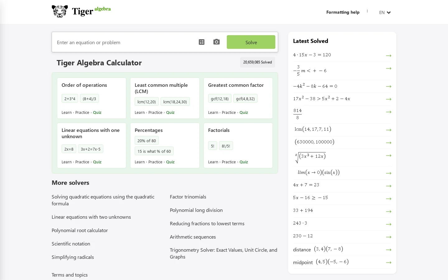 Tiger Algebra Homepage screenshot