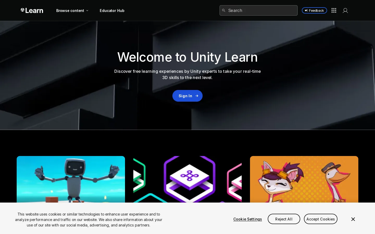 Learn game development w/ Unity Homepage screenshot