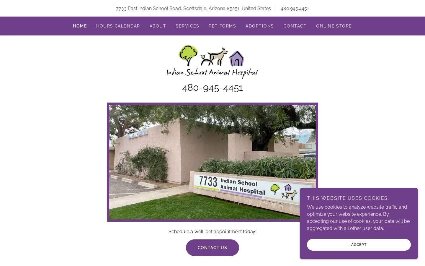 Indian School Animal Hospital Homepage screenshot