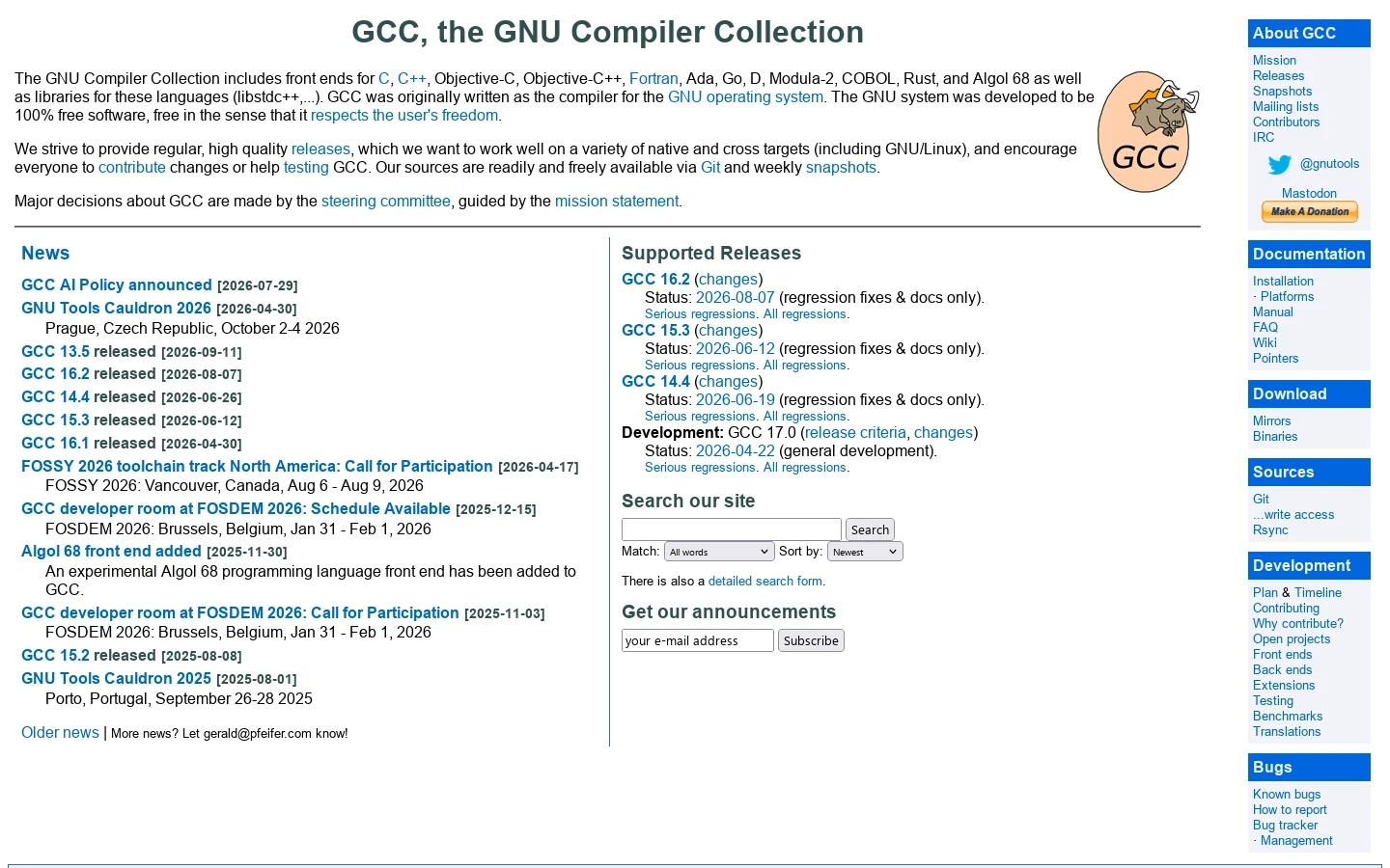 GCC, the GNU Compiler Collection Homepage screenshot